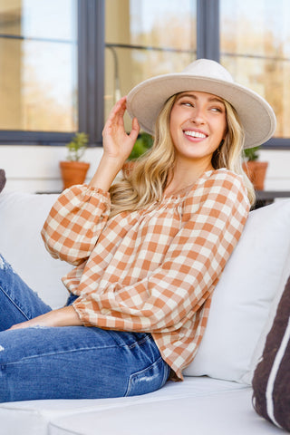 One Fine Afternoon Gingham Plaid Top In Caramel-Long Sleeves-Ave-Motis & Co Boutique, Women's Fashion Boutique in Carthage, Missouri