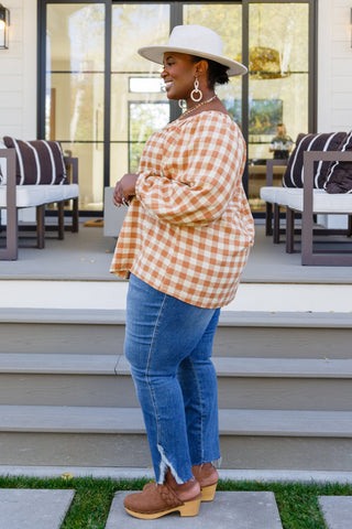 One Fine Afternoon Gingham Plaid Top In Caramel-Long Sleeves-Ave-Motis & Co Boutique, Women's Fashion Boutique in Carthage, Missouri