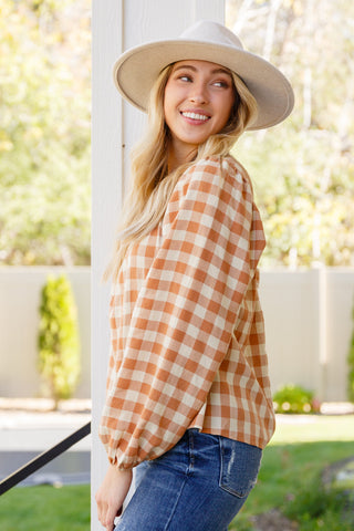One Fine Afternoon Gingham Plaid Top In Caramel-Long Sleeves-Ave-Motis & Co Boutique, Women's Fashion Boutique in Carthage, Missouri