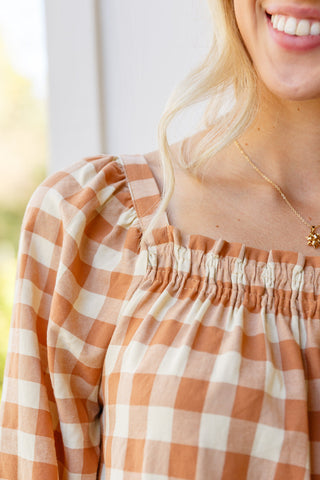 One Fine Afternoon Gingham Plaid Top In Caramel-Long Sleeves-Ave-Motis & Co Boutique, Women's Fashion Boutique in Carthage, Missouri