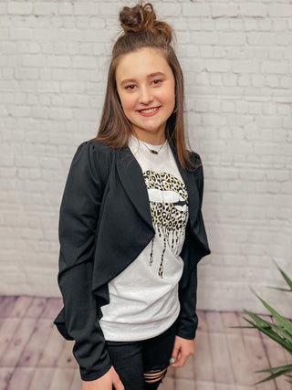 RACHEL RUFFLED OPEN FRONT BLACK BLAZER-Blazers-GeeGee-Motis & Co Boutique, Women's Fashion Boutique in Carthage, Missouri