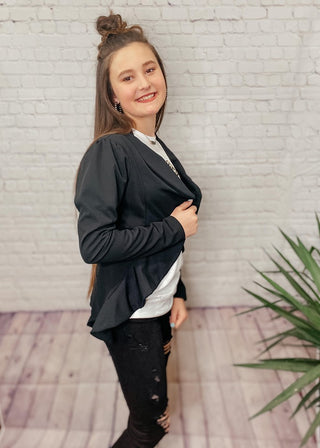 RACHEL RUFFLED OPEN FRONT BLACK BLAZER-Blazers-GeeGee-Motis & Co Boutique, Women's Fashion Boutique in Carthage, Missouri