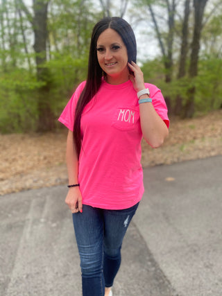 Mom Neon Pink Pocket Tee-Graphic Tees-FOX & OWL-Motis & Co Boutique, Women's Fashion Boutique in Carthage, Missouri