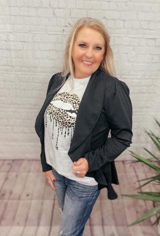 RACHEL RUFFLED OPEN FRONT BLACK BLAZER-Blazers-GeeGee-Motis & Co Boutique, Women's Fashion Boutique in Carthage, Missouri