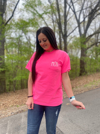 Mom Neon Pink Pocket Tee-Graphic Tees-FOX & OWL-Motis & Co Boutique, Women's Fashion Boutique in Carthage, Missouri